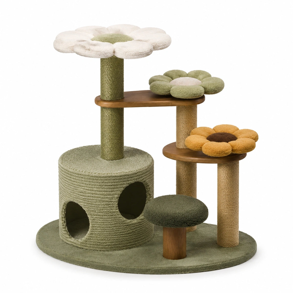 Árbol para gatos de madera con postes de sisal y detalles de felpa