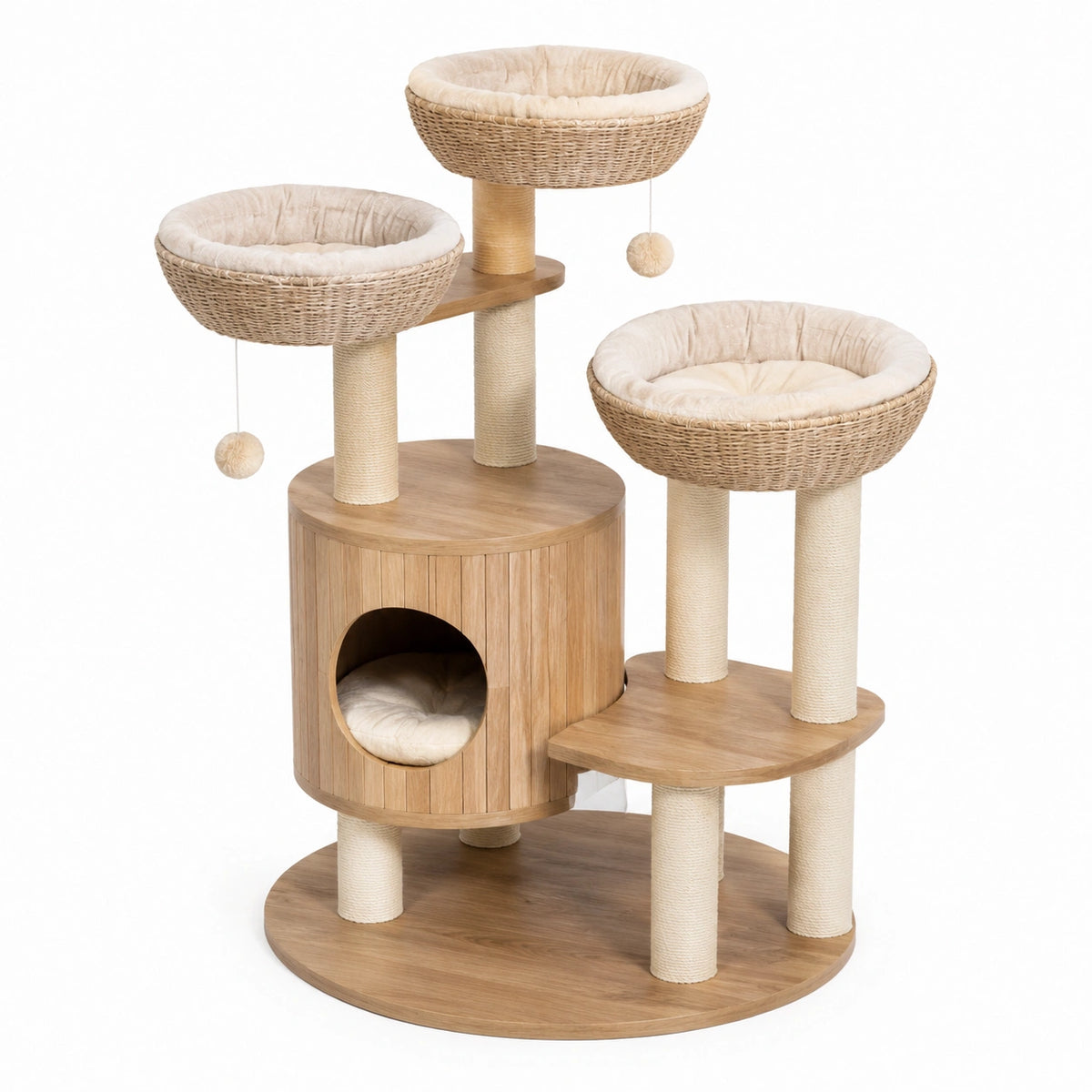 Árbol para gatos de madera y mimbre con cojines beige, altura 120 cm
