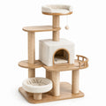 Árbol para gatos de madera y tela beige con plataformas y cueva
