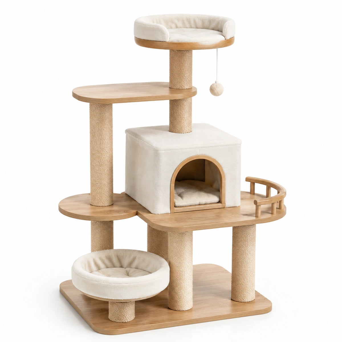 Árbol para gatos de madera y tela beige con plataformas y cueva