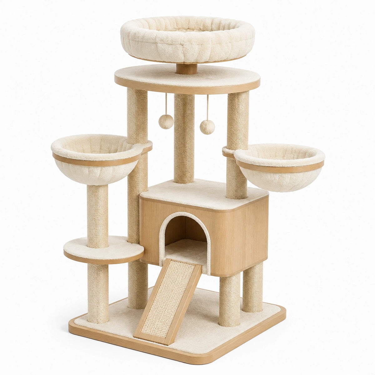 Árbol para gatos de MDF con postes de sisal y plataformas de poliéster beige