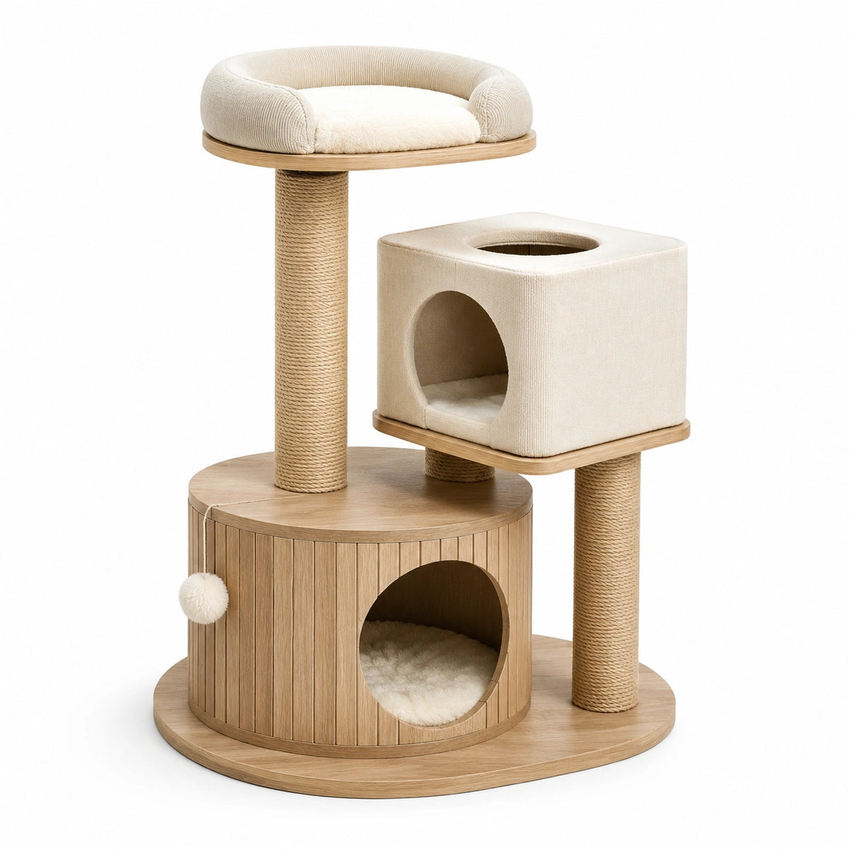 Árbol para gatos de madera con postes de yute y cojines beige