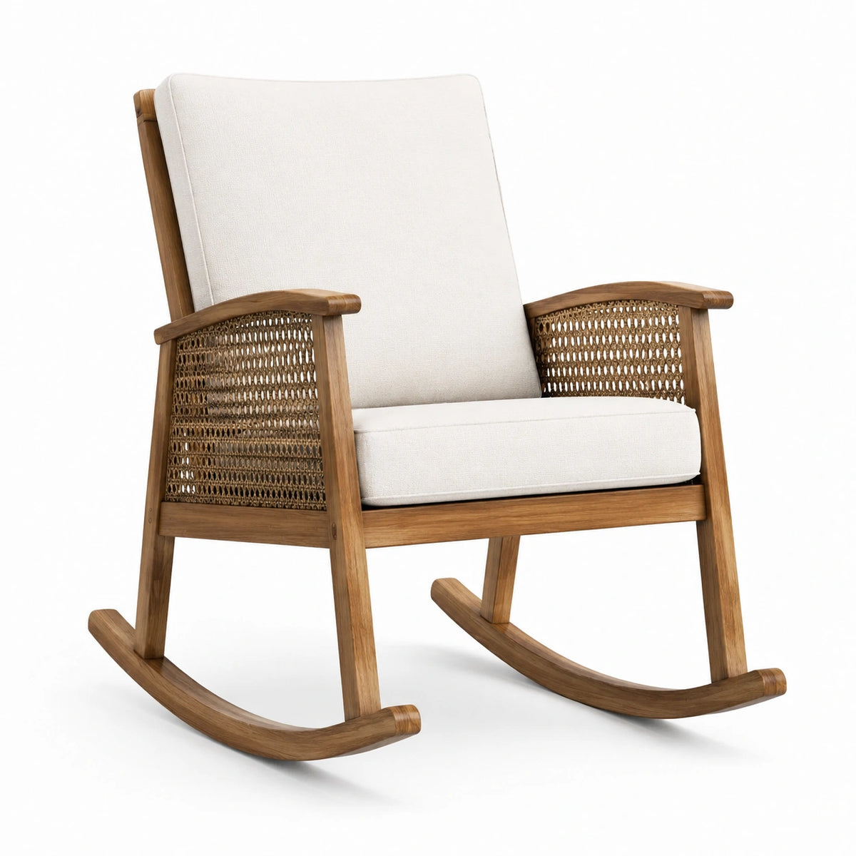 Mecedora de madera de teca con cojines de poliéster tejido beige
