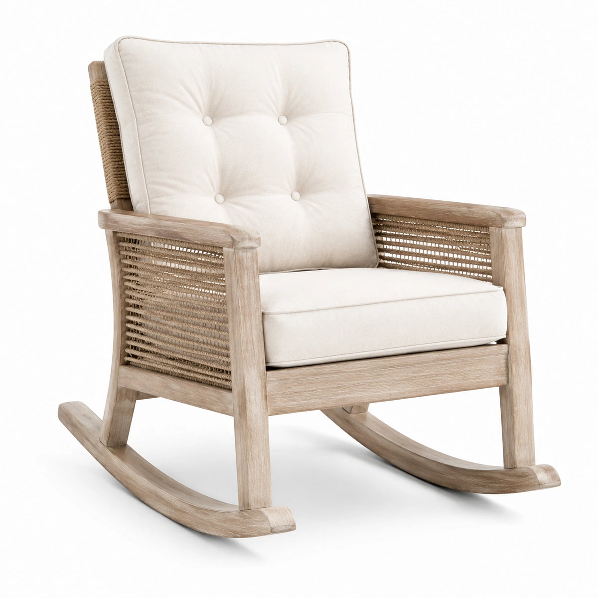 Mecedora de madera de roble y yute con cojines de poliéster beige