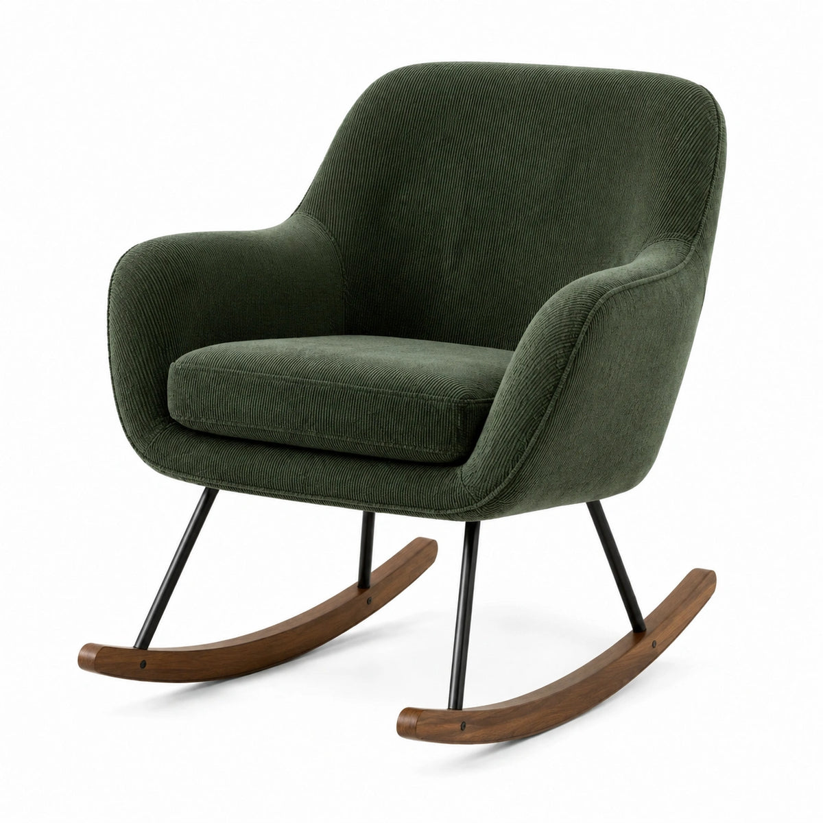 Mecedora de Pana Verde Oscuro con Patas de Madera y Metal