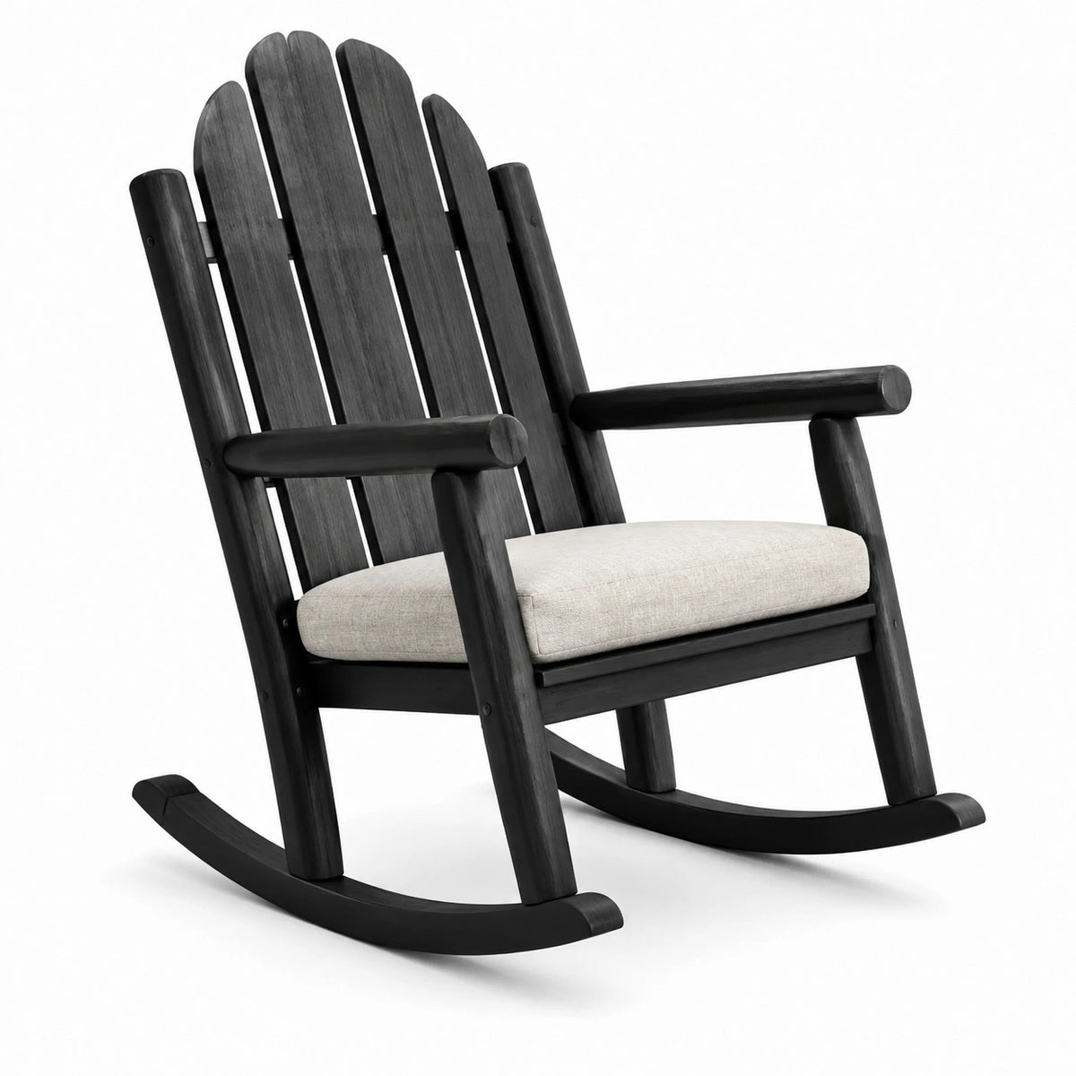 Mecedora de madera con cojín de algodón negro y beige