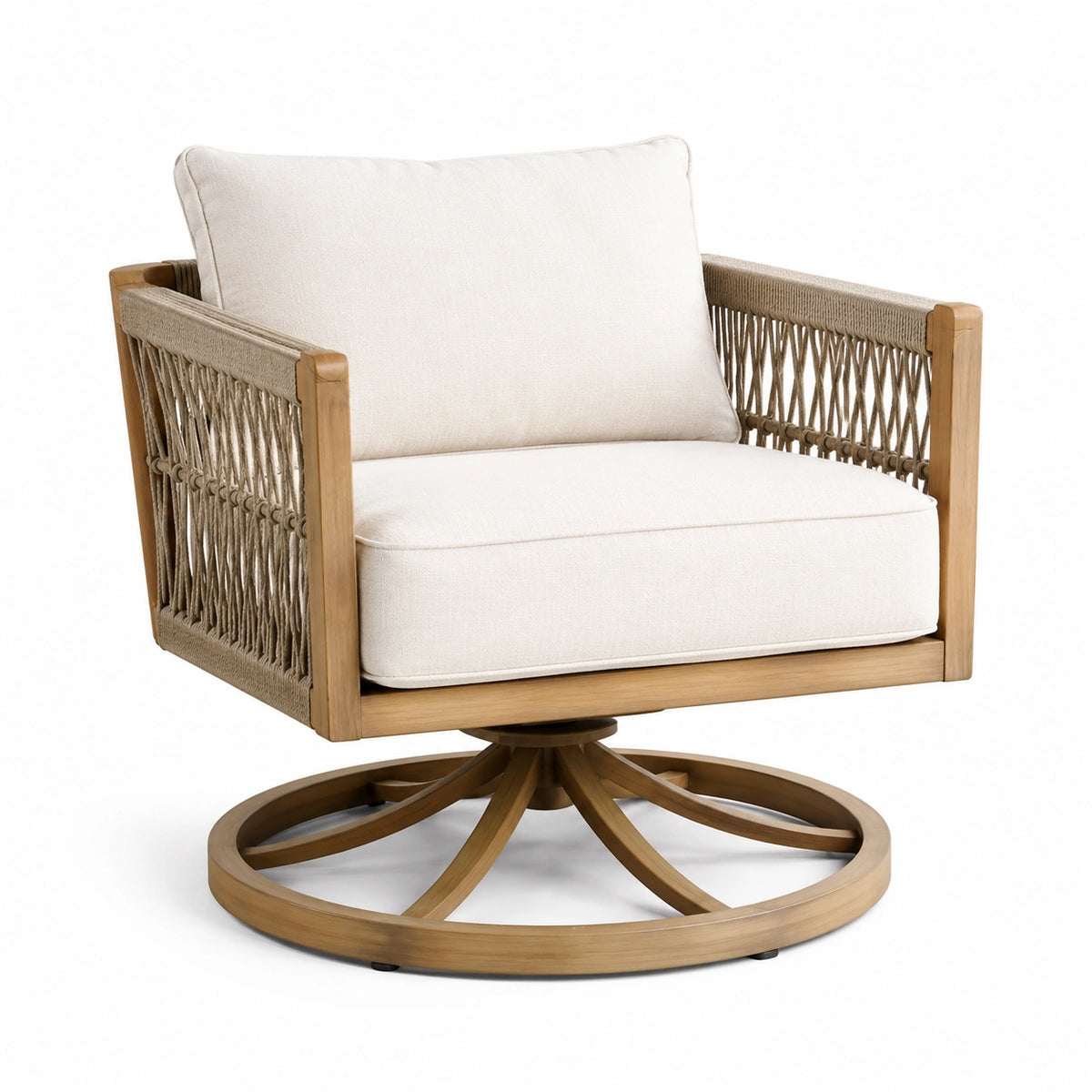Silla Giratoria de Madera y Cuerda con Cojines de Lino Beige