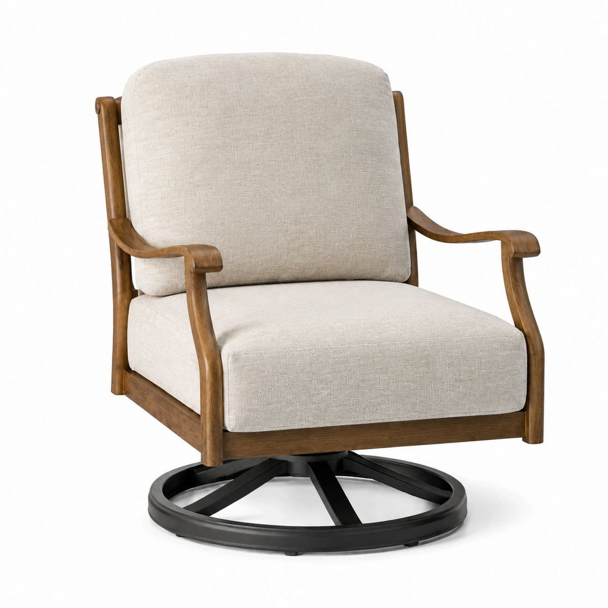 Silla giratoria de madera y tela beige con base de metal