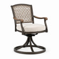 Silla giratoria de aluminio marrón y ratán con asiento de lino beige