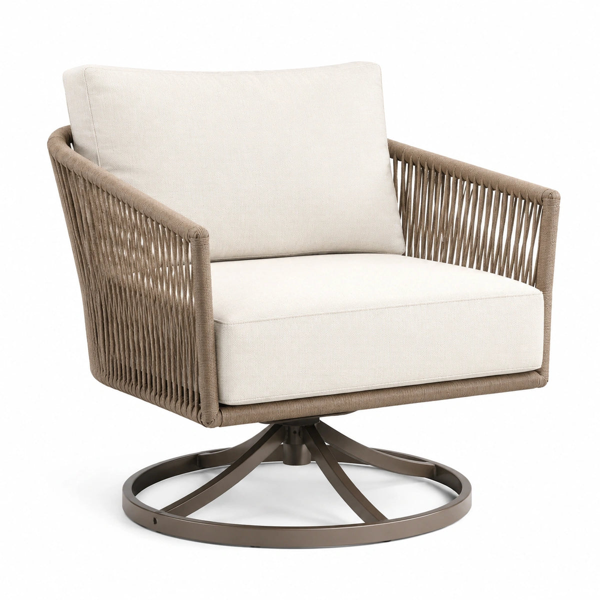 Sillón giratorio de cuerda sintética beige con base metálica