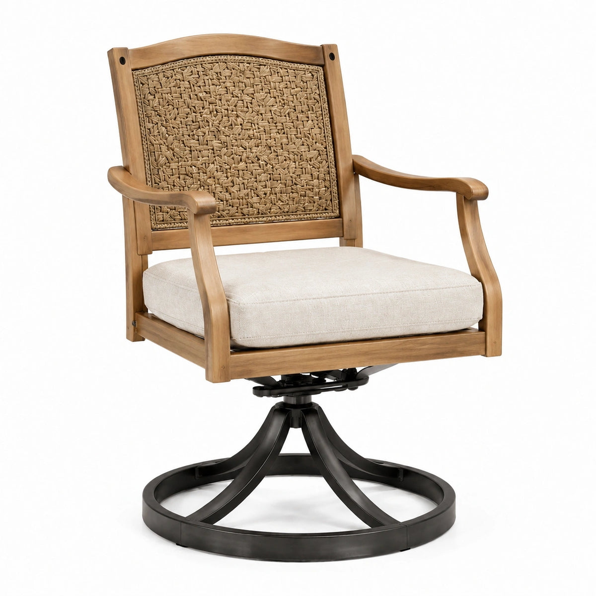Silla giratoria de madera y ratán con cojín de poliéster beige