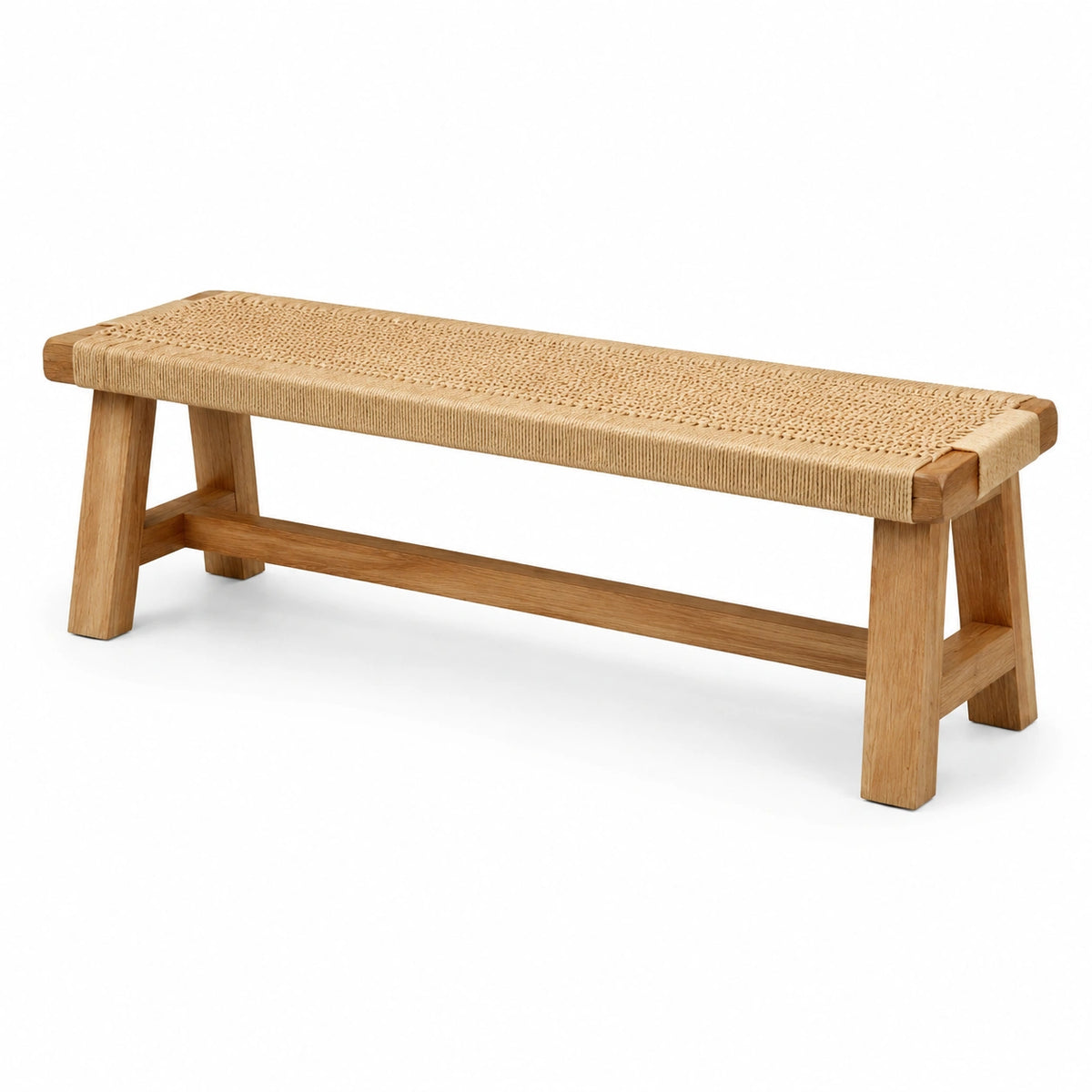 Banco de madera de roble con asiento de cuerda tejida