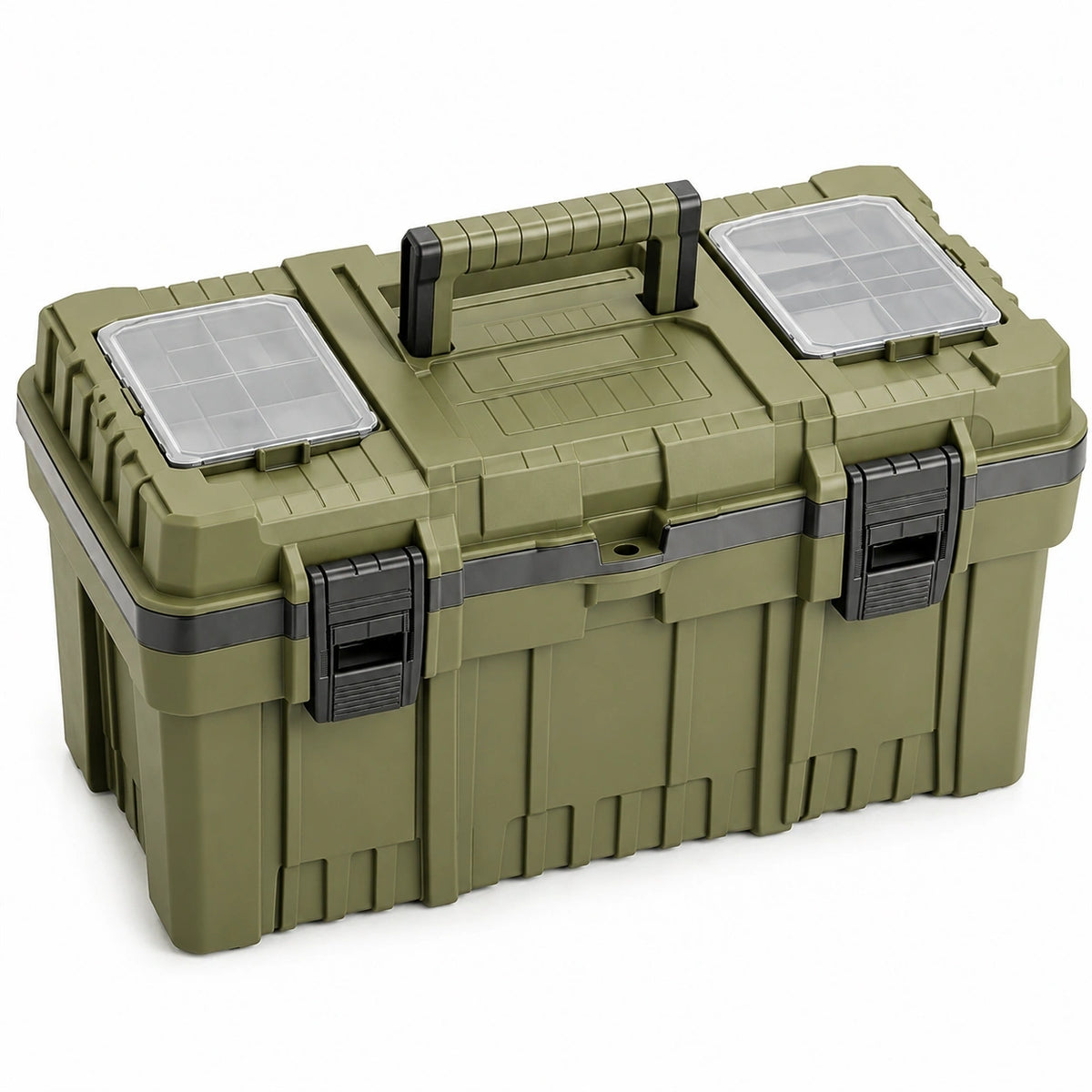 Caja de herramientas de plástico verde con compartimentos