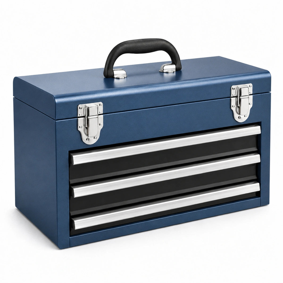 Caja de herramientas de metal azul con 3 cajones