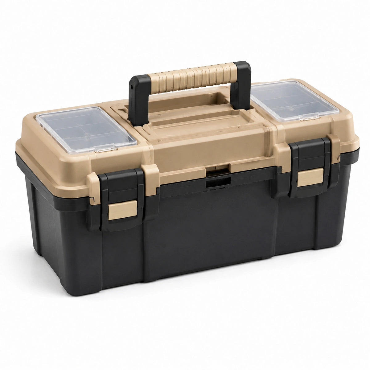Caja de herramientas de polipropileno con compartimentos extraíbles negro/beige
