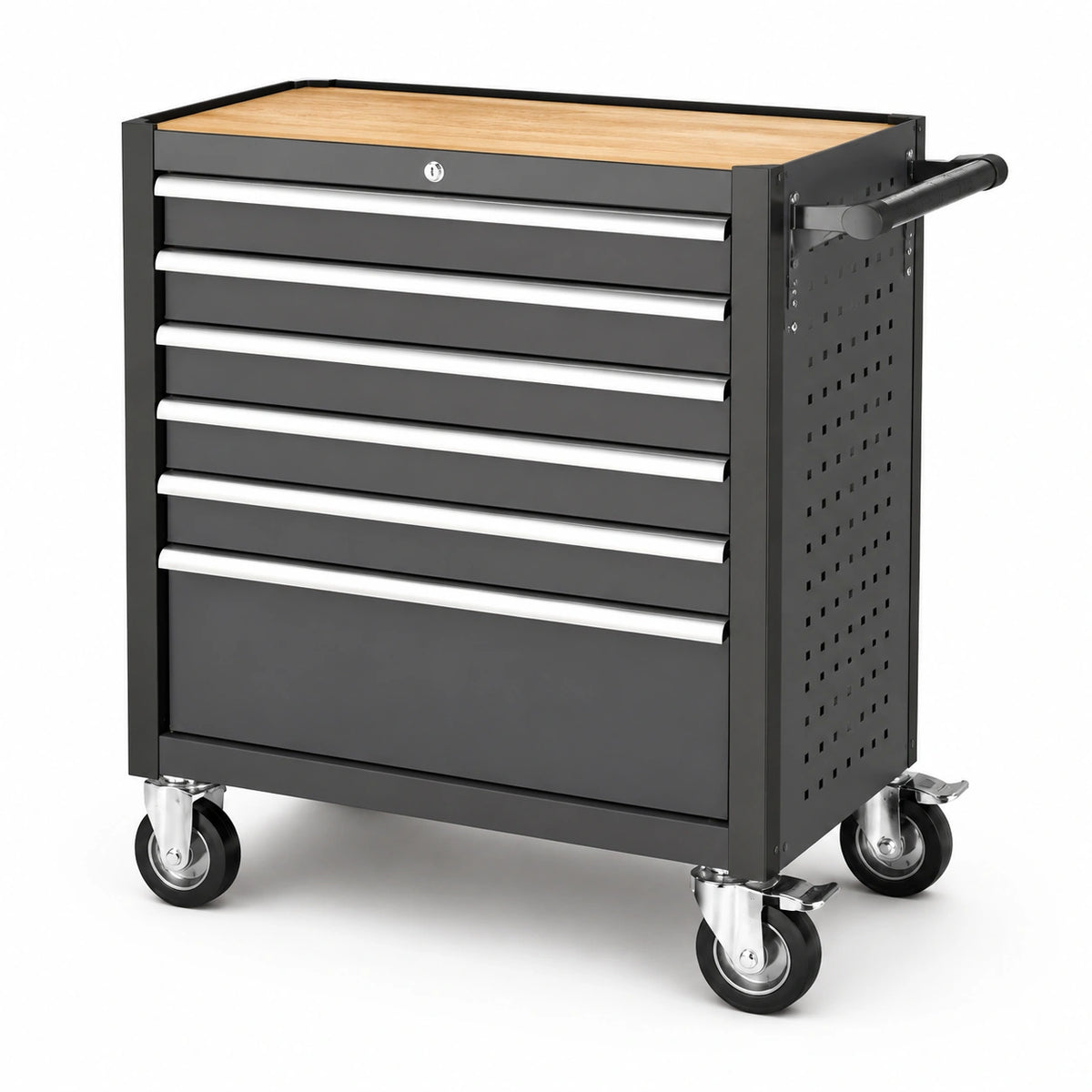 Carro de herramientas con 6 cajones acero y madera negro 70x85x33cm
