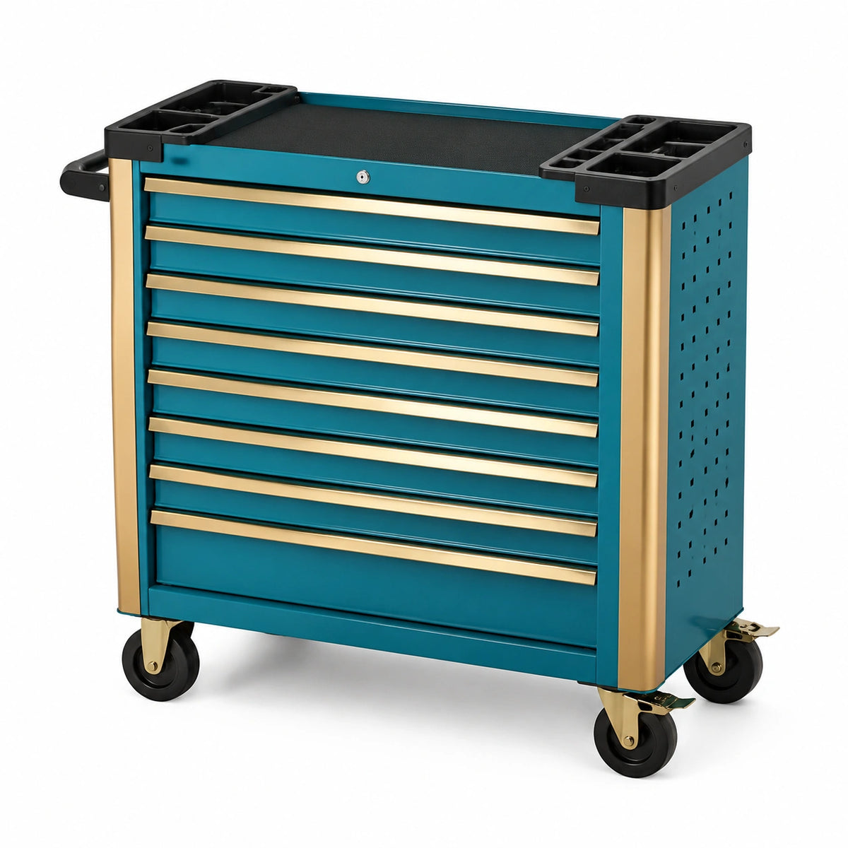 Carro de herramientas de acero azul y dorado con 8 cajones