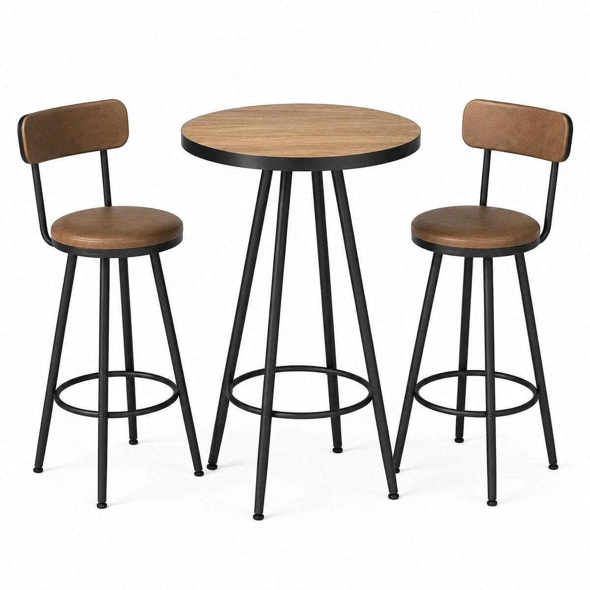 Conjunto de bar con mesa redonda de madera y taburetes de metal marrón