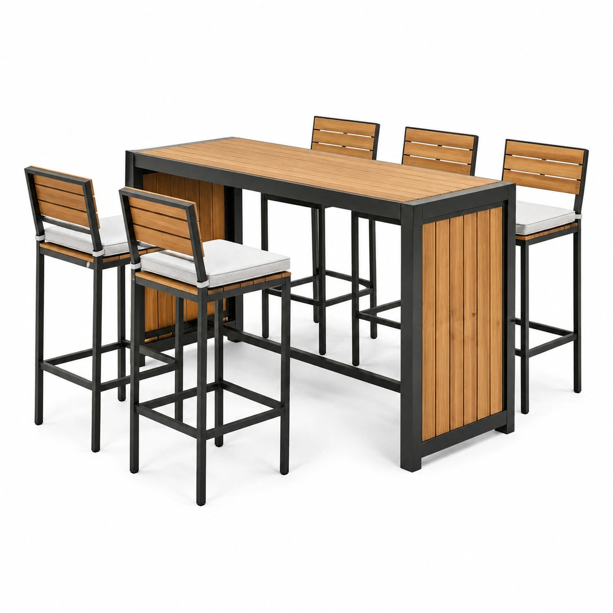 Conjunto de barra de exterior de metal y madera con taburetes y cojines, marrón y negro