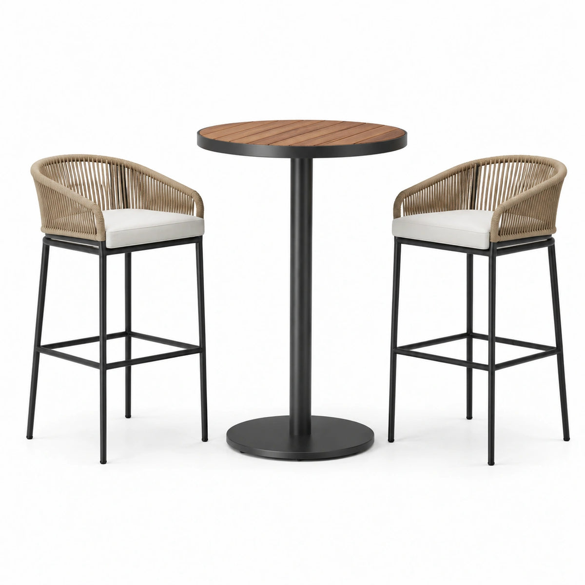 Conjunto de bar con mesa de acero y sillas de cuerda beige