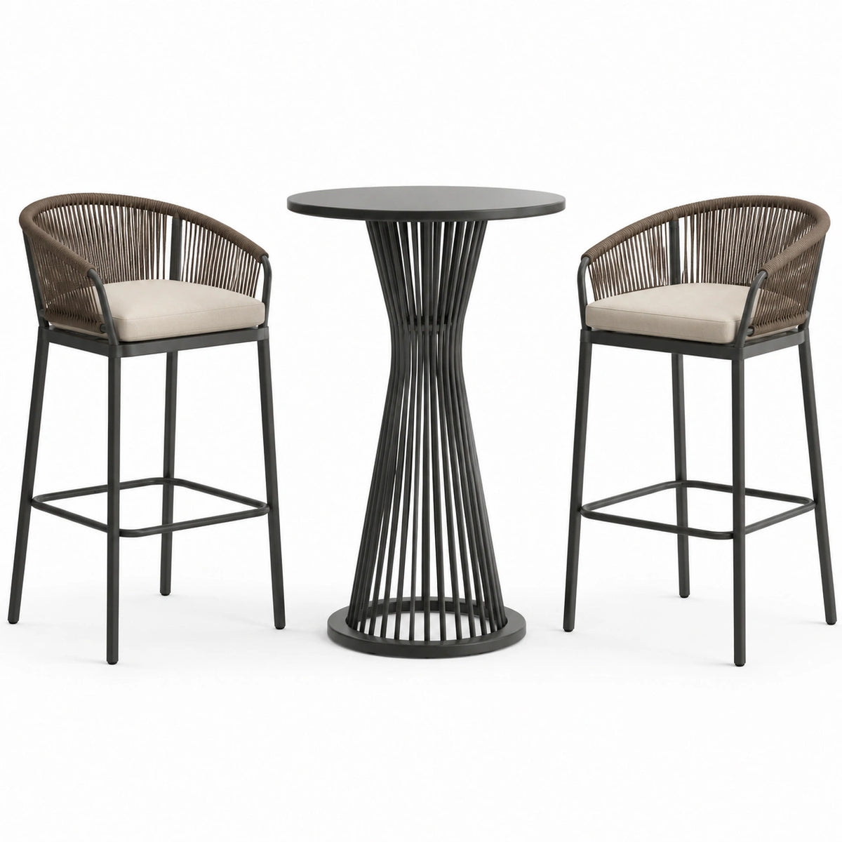 Conjunto de bar de metal con mesa redonda y sillas de cuerda sintética