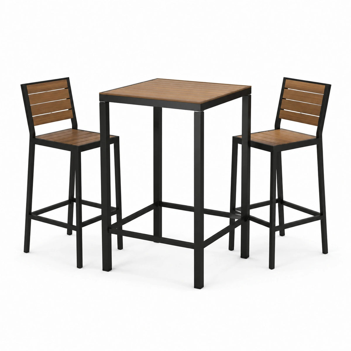 Conjunto de bar de 3 piezas con estructura de acero y madera de teca