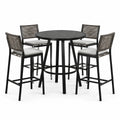 Juego de bar con mesa redonda de aluminio negro y 4 sillas con respaldo de ratán sintético gris