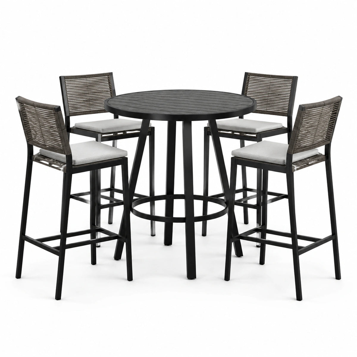 Juego de bar con mesa redonda de aluminio negro y 4 sillas con respaldo de ratán sintético gris