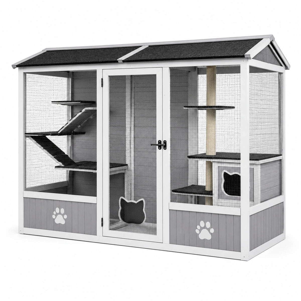 Jaula para gatos de madera blanca y gris con plataformas y rascador